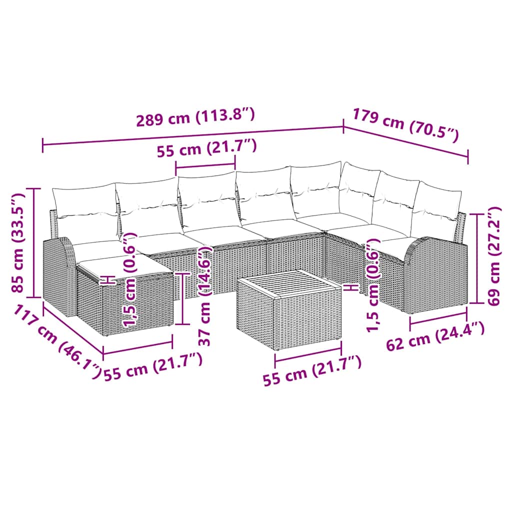 vidaXL Σετ Καναπέ Κήπου 9 Κομματιών Με Μαξιλάρια Μπεζ Πολυ Ρατάν Ακακία