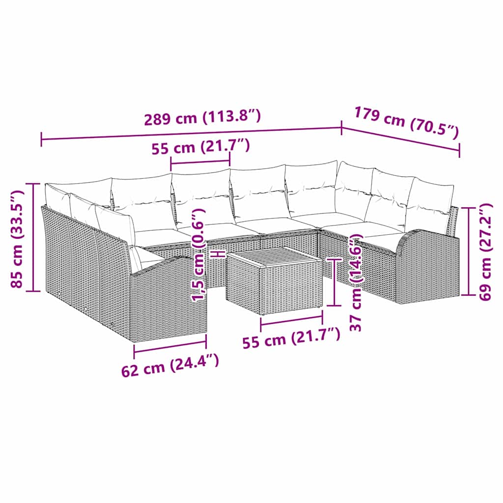 vidaXL Σετ Καναπέ Κήπου 10 Τεμαχίων με Μαξιλάρια Μαύρο Πολυ Ρατάν Ακακία