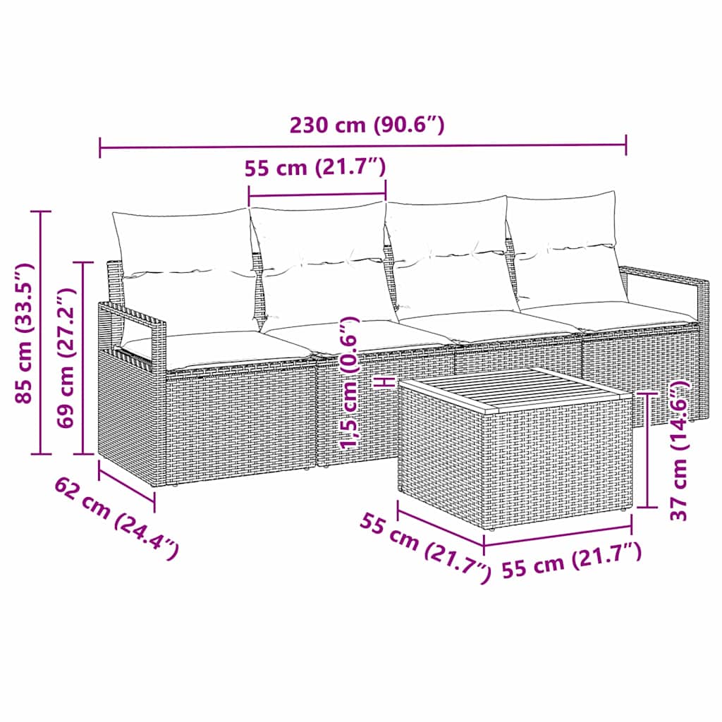 vidaXL Σετ Σαλονιού Κήπου 5 Τεμαχίων με Μαξιλάρια Μπεζ Πολυ Ρατάν Ακακία