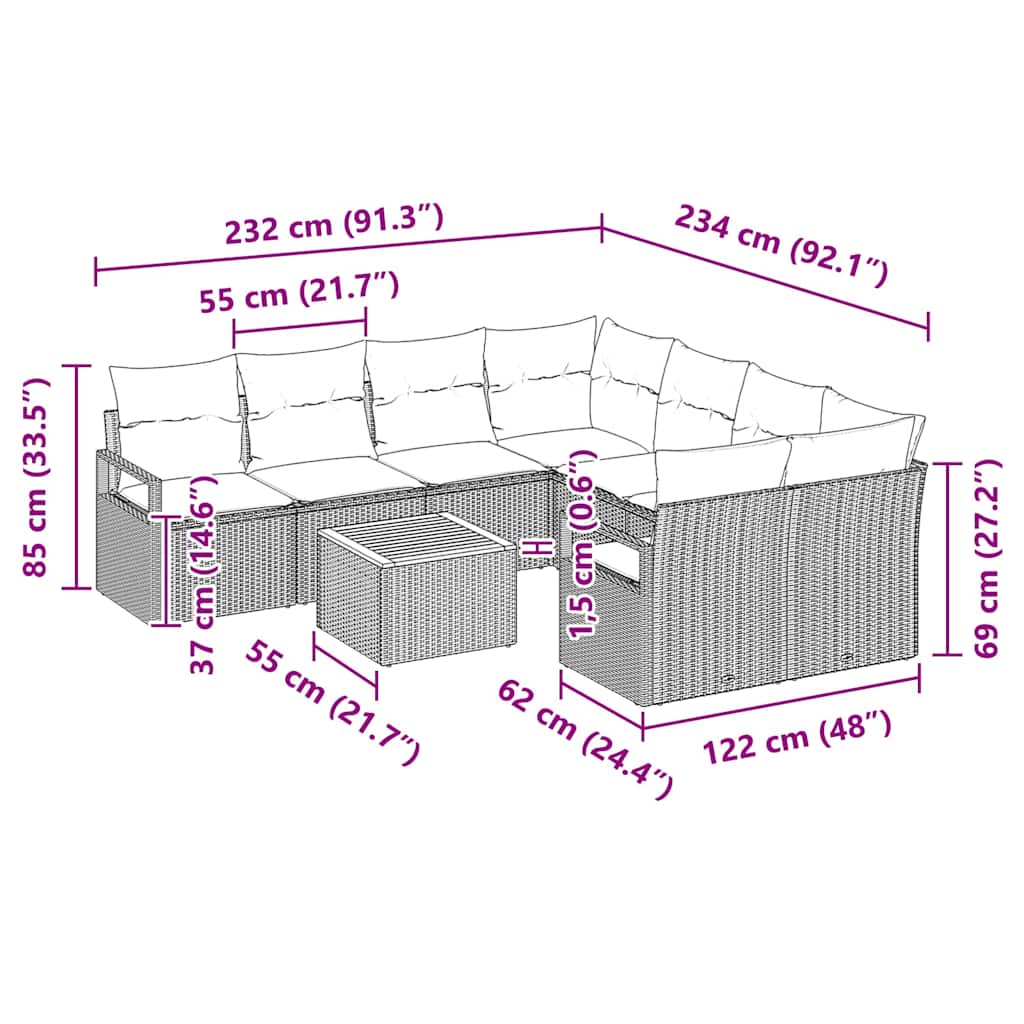 vidaXL Σετ Καναπέ Κήπου με μαξιλάρι 9 pcs Μαύρο Πολυ ράταν