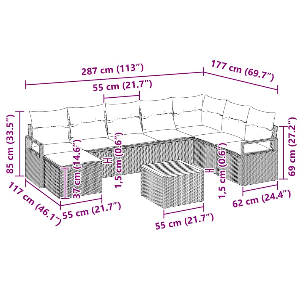 vidaXL Σετ 9 Τεμαχίων Καναπέ Κήπου με Μαξιλάρια Μαύρο Πολυ Ρατάν Ακacia