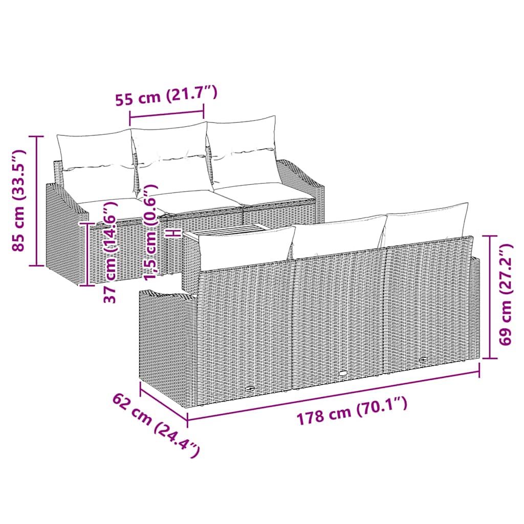 vidaXL Σετ Κήπου 7 Τεμαχίων με Μαξιλάρια Μαύρο Πολυ-ρατάν