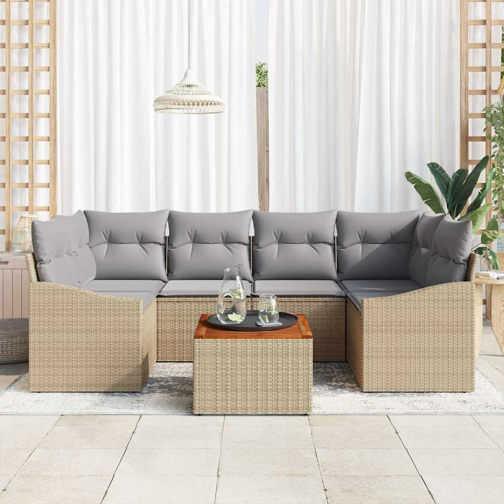 vidaXL Σετ 7 Τεμαχίων Καναπέ Κήπου με Μαξιλάρια Μπεζ Ρατάν Πολυ Ακακίας