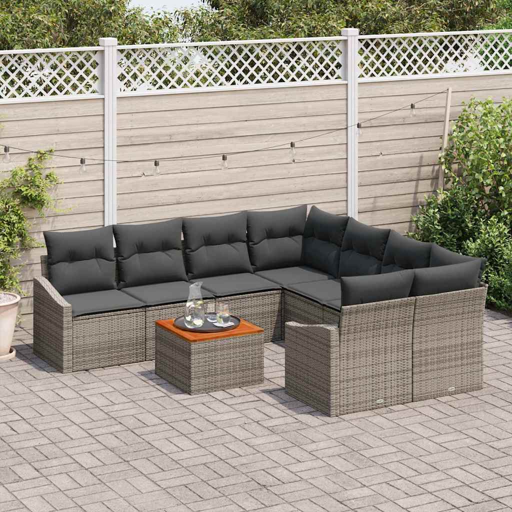 vidaXL Σετ Καναπέ 9 Τεμαχίων με Μαξιλάρια Γκρι Poly Rattan Acacia