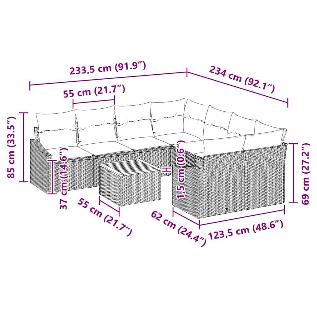 vidaXL Σετ Καναπέ 9 Τεμαχίων με Μαξιλάρια Γκρι Poly Rattan Acacia