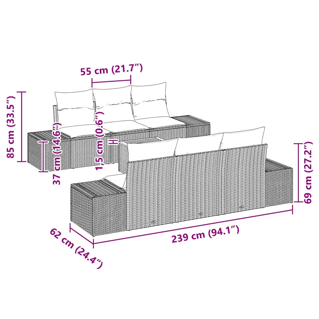 vidaXL Σετ Καναπέ Κήπου με μαξιλάρι 7 pcs Μαύρο Πολυ ράταν