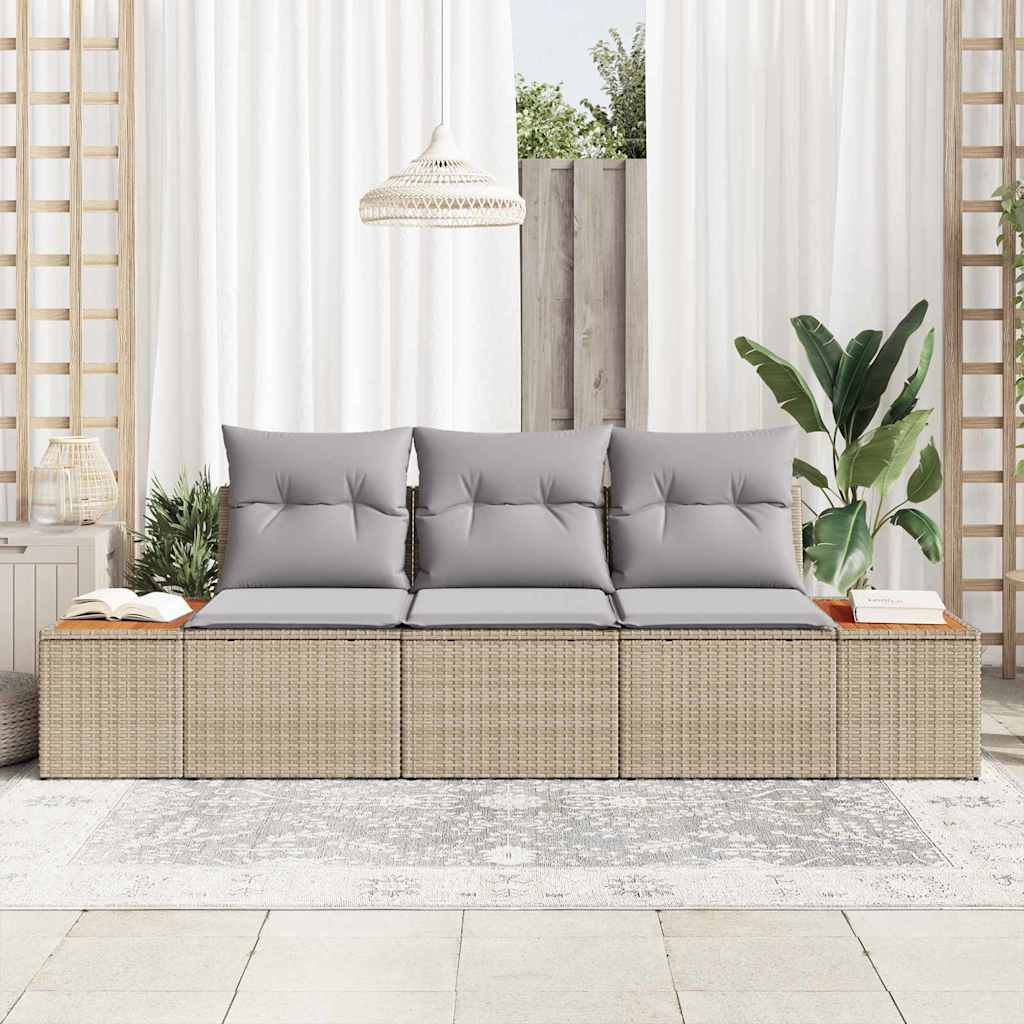 vidaXL σετ καναπέ 3 τεμαχίων σου με μαξιλάρια μπεζ πολυ ρατάν ακακία