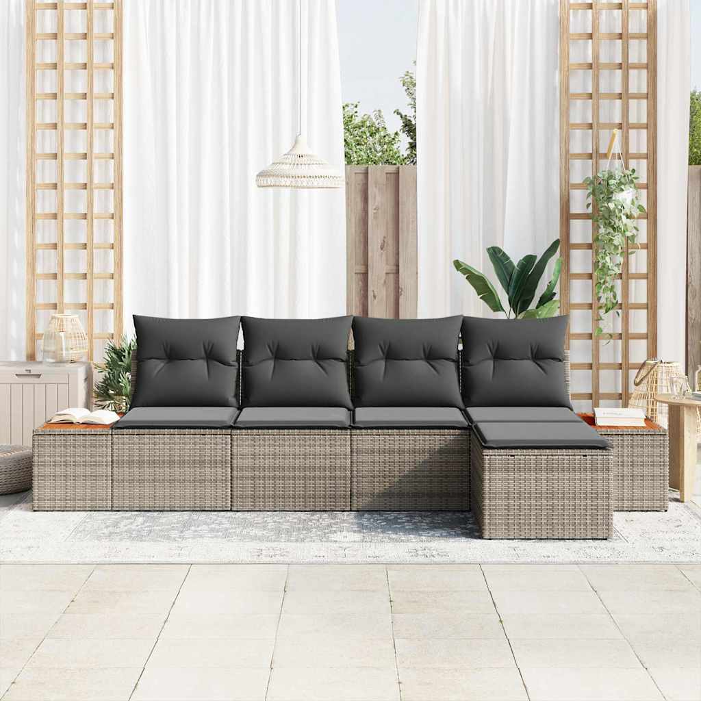vidaXL σετ καναπέ κήπου 5 τμχ με μαξιλάρια γκρι poly rattan acacia