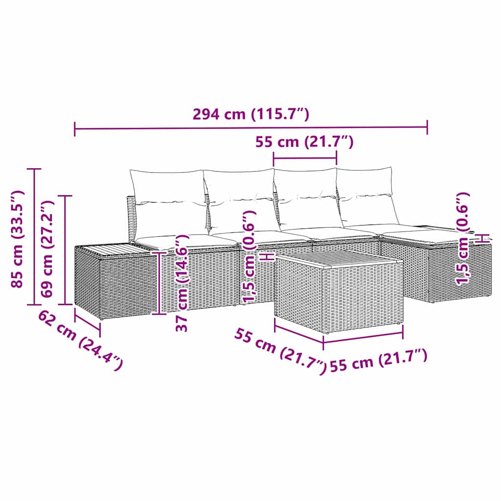 vidaXL Σετ καναπέ κήπου με 6 κομμάτια και μαξιλάρια Μαύρο Πολυ ρατάν Ακακία