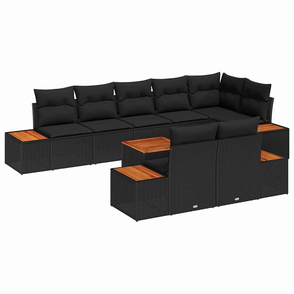 vidaXL Σετ Καναπέ Κήπου 9 Τεμαχίων με Μαξιλάρια - Μαύρο Πολυ Ρατάν και Ξύλο Ακακίας