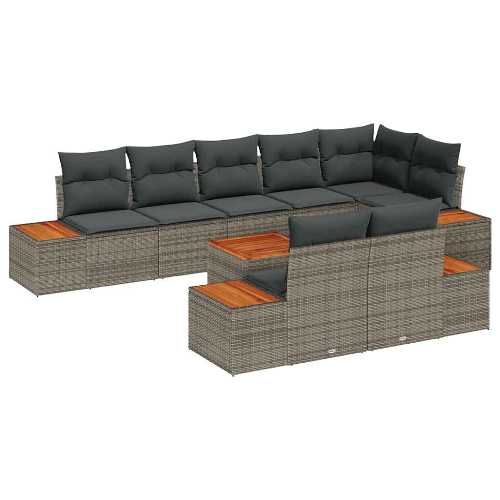 vidaXL 9 τεμαχίων σετ καναπέ κήπου με μαξιλάρια - Γκρι πολυ Ράτταν & ακακία