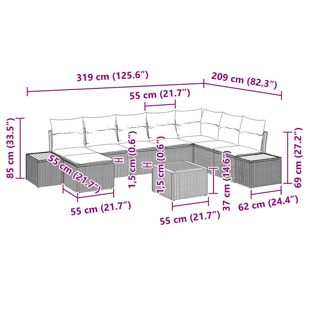 vidaXL Σετ Καναπέ Κήπου με μαξιλάρι 9 pcs Γκρι συνθετικό ρατάν