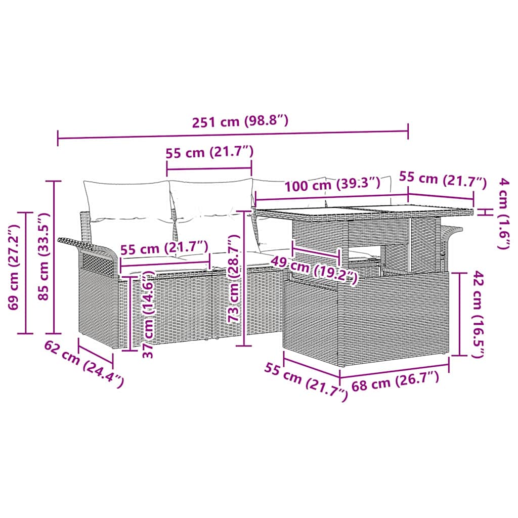 vidaXL Σετ Καναπέ Κήπου με μαξιλάρι 5 pcs Καφέ Πολυ ράταν