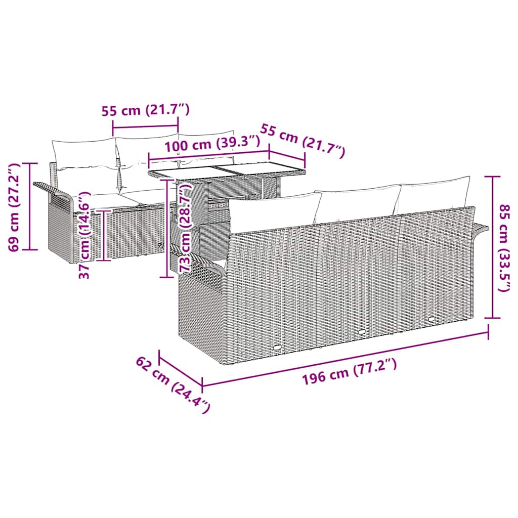 vidaXL Σετ Καναπέ Κήπου με μαξιλάρι 7 pcs Γκρι συνθετικό ρατάν