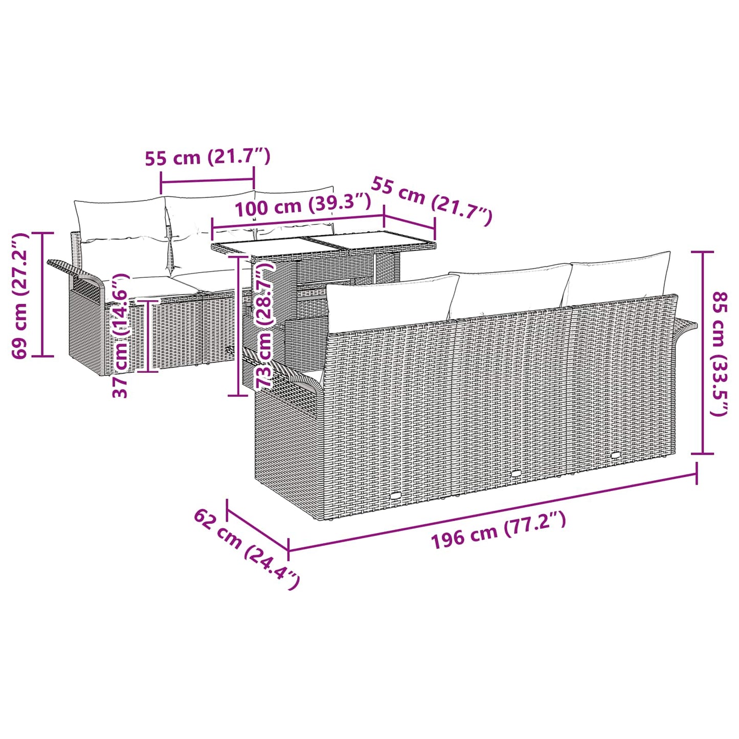 vidaXL Σετ Καναπέ Κήπου με μαξιλάρι 7 pcs Γκρι συνθετικό ρατάν