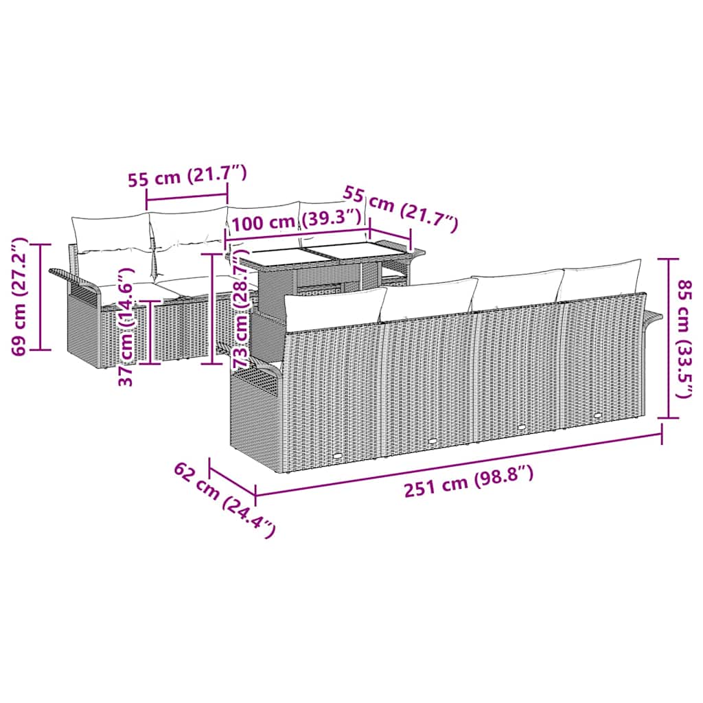 vidaXL 9 τεμαχίων σετ καναπέ κήπου με μαξιλάρια καφέ πολυ ρατάν