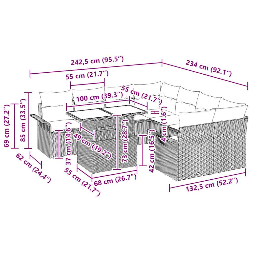 vidaXL Σετ Καναπέ Κήπου με μαξιλάρι 9 pcs Ανοιχτό γκρι συνθετικό ρατάν