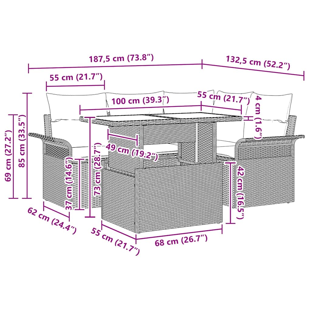 vidaXL Σετ Καναπέ Κήπου με μαξιλάρι 5 pcs Μαύρο Πολυ ράταν