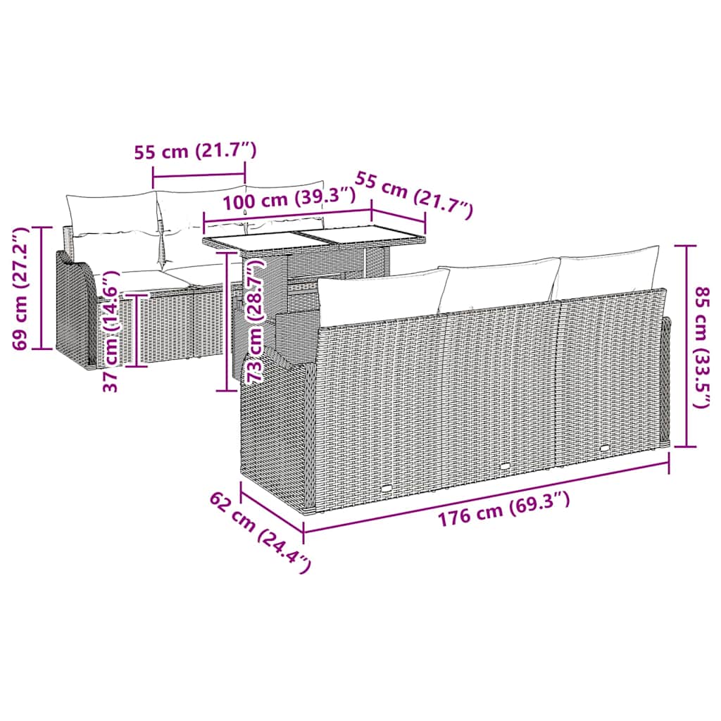 vidaXL Σετ Καναπέ Κήπου με μαξιλάρι 7 pcs Μπεζ Πολυ ράταν
