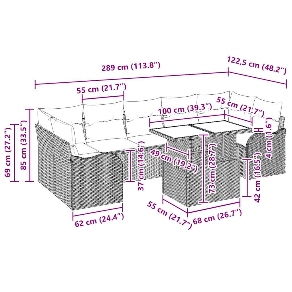 vidaXL Σετ Καναπέ Κήπου με μαξιλάρι 8 pcs Μαύρο Πολυ ράταν
