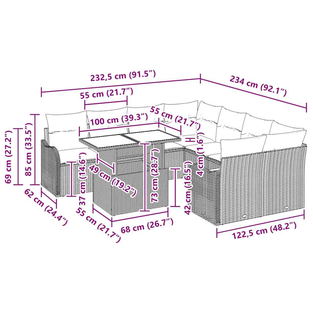 vidaXL 9 τεμαχίων σετ καναπέ κήπου με μαξιλάρια Μαύρο Πολυρατάν