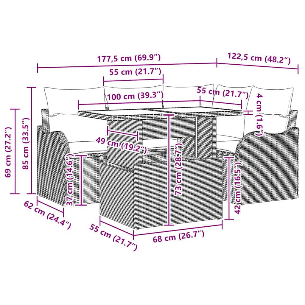 vidaXL 5 τμχ Σαλονάκι Κήπου με Μαξιλάρια Γκρι Πολυ Ρατάν