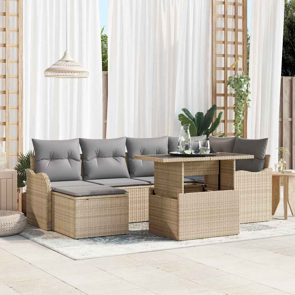 vidaXL Σετ Καναπέ Κήπου 7 Κομματιών με Μαξιλάρια Μπεζ Πολυ Ράττεν