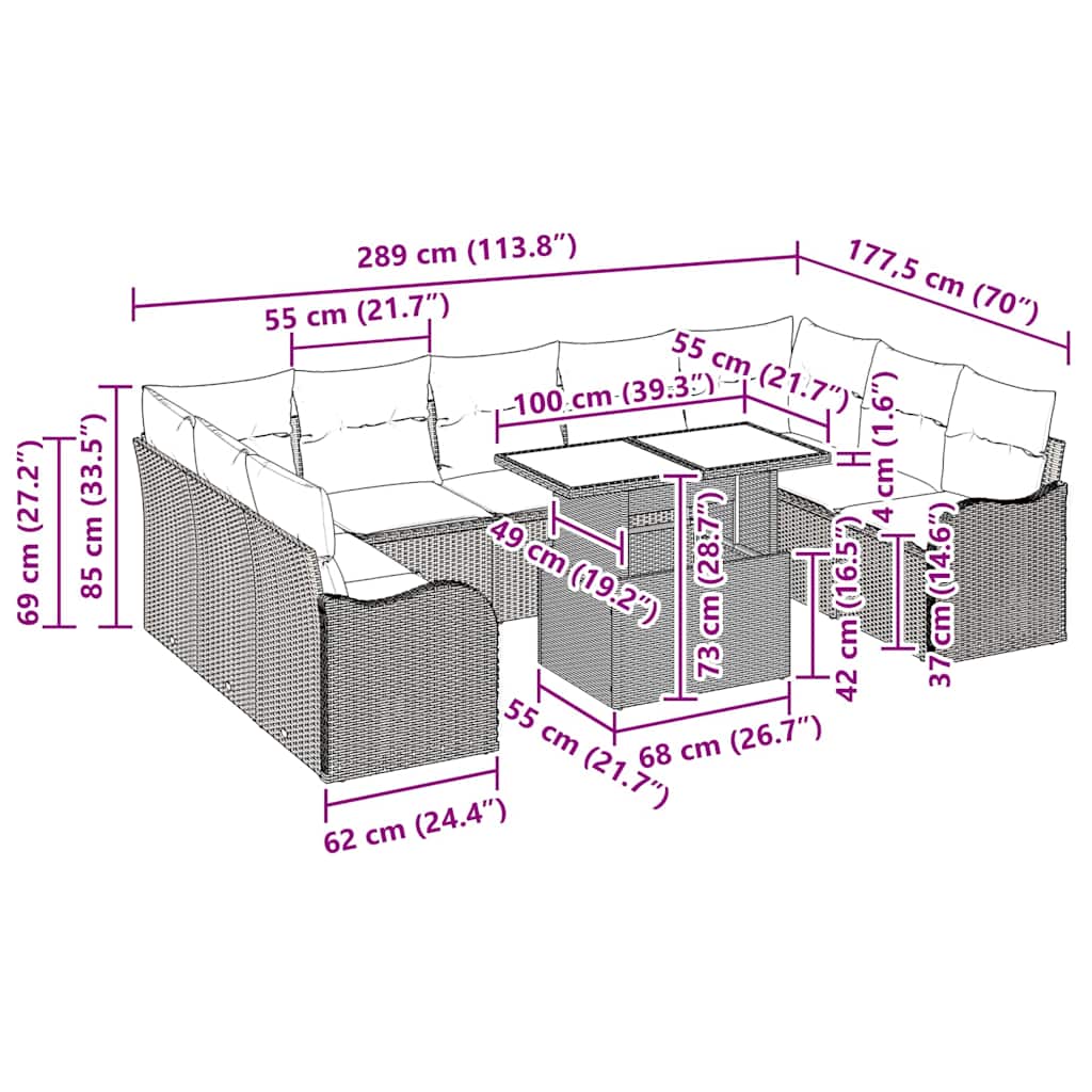 Καναπές Κήπου 10 τεμαχίων με Μαξιλάρια Γκρι Πολυμερές Ρατάν, Καναπές Κήπου Δύο Ατόμων με Μαξιλάρια Γκρι Πολυμερές Ρατάν