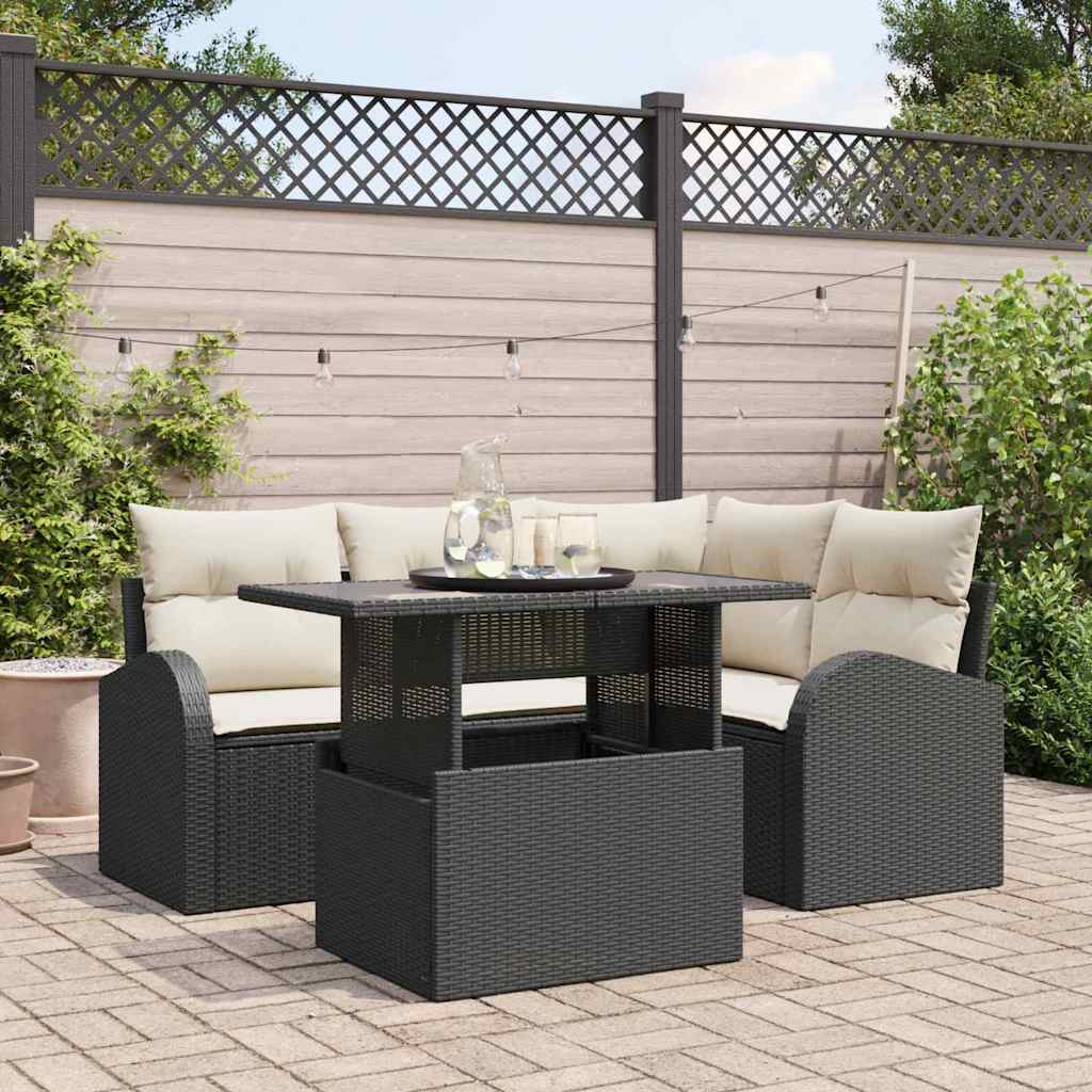 vidaXL 5 Piece Garden Sofa Set with Cushions Black Poly Rattan