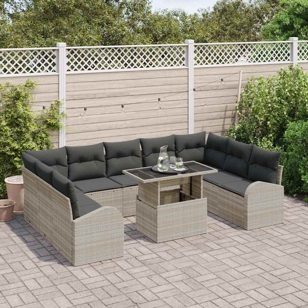 vidaXL 10 Piece Garden Sofa Set με Μαξιλάρια Ανοιχτό Γκρι Πολυ Ρατάν