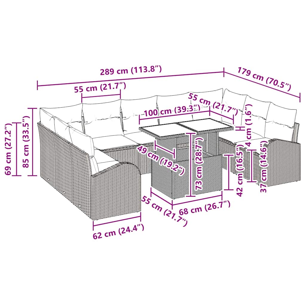 vidaXL 10 Piece Garden Sofa Set με Μαξιλάρια Ανοιχτό Γκρι Πολυ Ρατάν