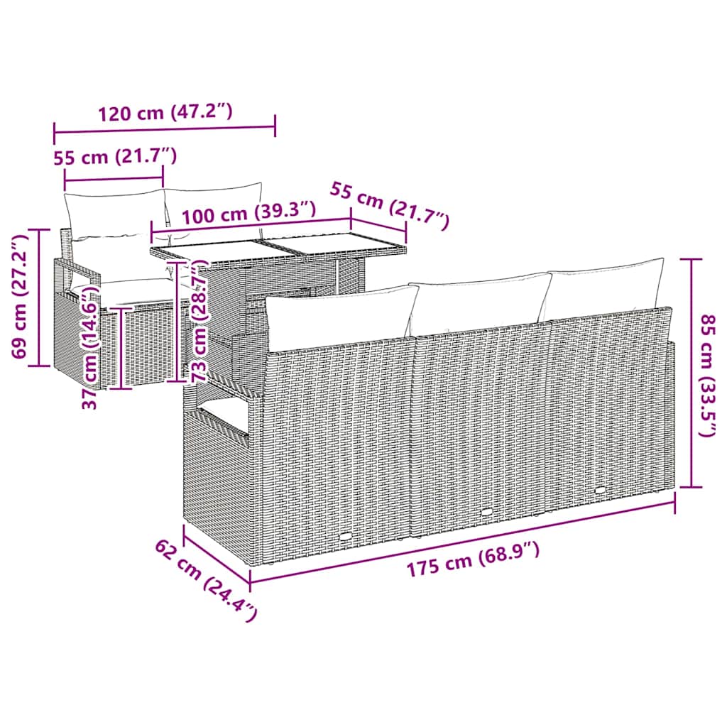 vidaXL 6 τεμαχίων Σαλονιού Κήπου με Μαξιλάρια Μαύρο Πολυ Ρατάν