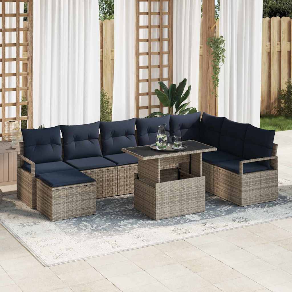 vidaXL Σετ Καναπέ Κήπου 9 τμχ. Γκρι και Navy Blue συνθετικό ρατάν