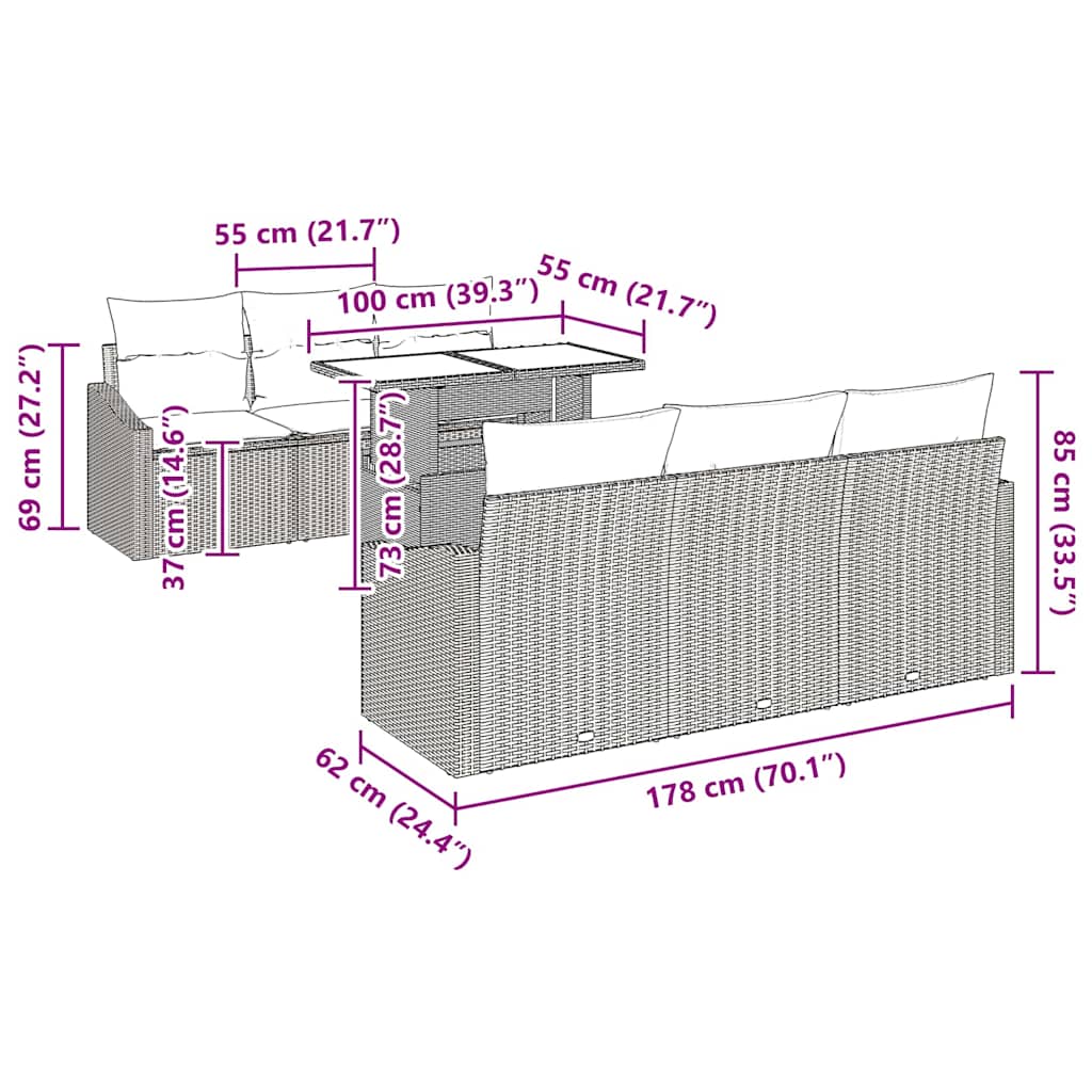 vidaXL Σετ Καναπέ Κήπου 7 pcs Μαύρο και κρεμ 100 x 55 x 73 εκ