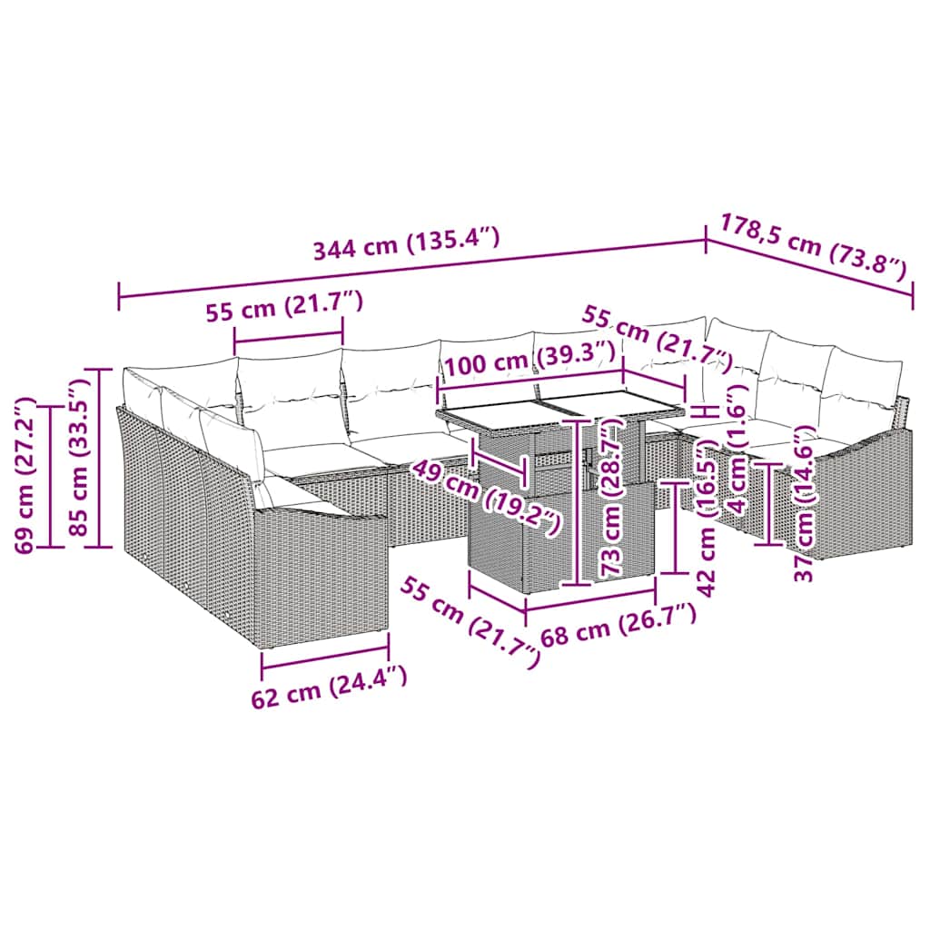 vidaXL 11 Τεμάχιο Σετ Σαλονιού Κήπου με Μαξιλάρια Μαύρο Πολυ Ρατάν