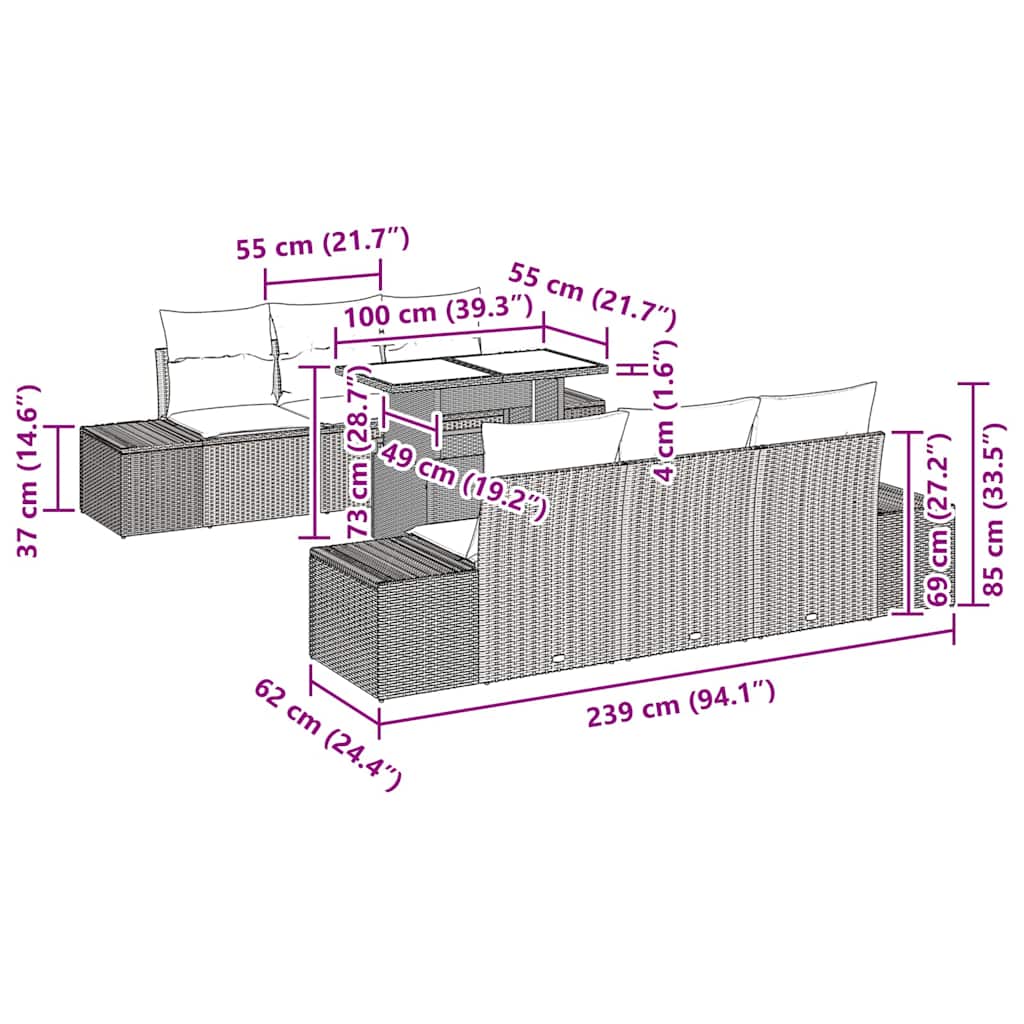 vidaXL 7 Τεμαχίων Σετ Καναπέ Κήπου με Μαξιλάρια Φωτεινό Γκρι Πολυ Ρατάν