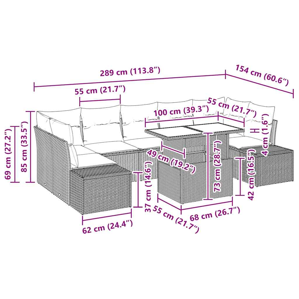 vidaXL 8 Τεμαχίων Σετ Καναπέ Κήπου με Μαξιλάρια Μαύρο Πολυ Ρατάν
