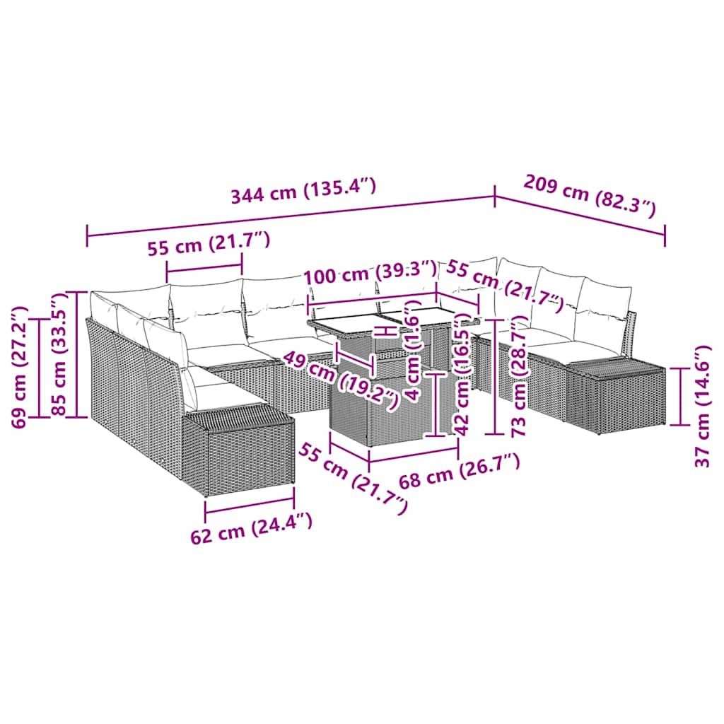 vidaXL 11 Τεμαχίων Σετ Σαλονιού Κήπου με Μαξιλάρια Λαμπερό Γκρι Πολυεστέρα