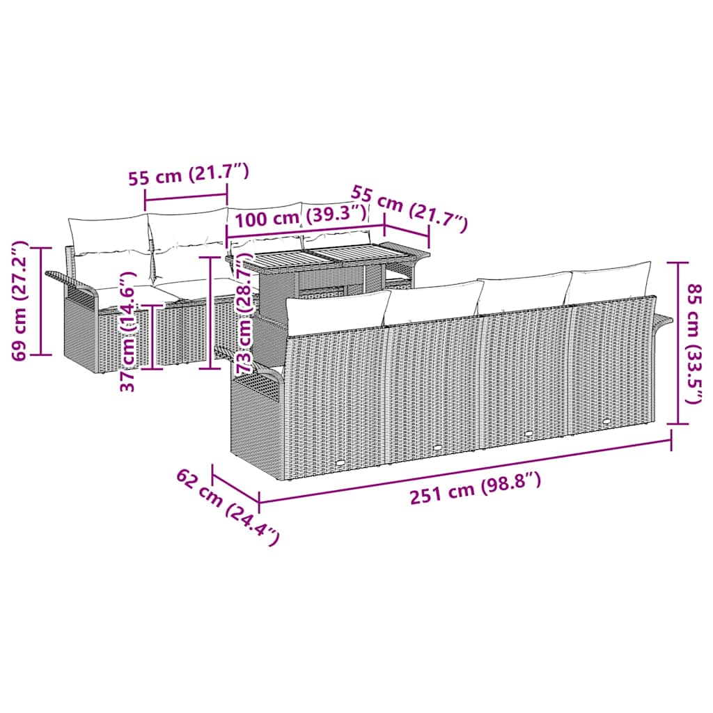vidaXL 9 Τεμάχιο Σετ Καναπέ Κήπου με Μαξιλάρια Μπεζ Πολυ Rattan Ακακία