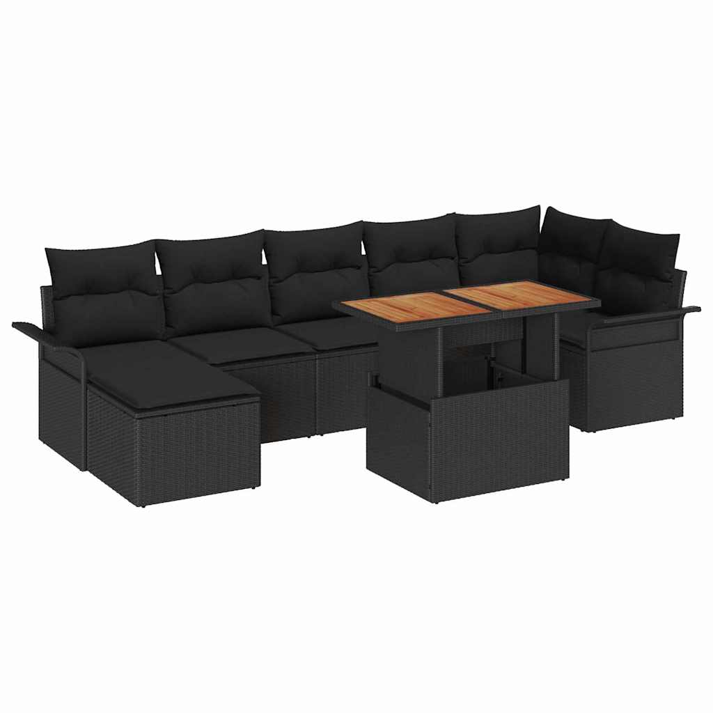 vidaXL Σετ Εξωτερικής Τραπέζης 8 Τεμαχίων με Μαξιλάρια Μαύρο Πολυ Ρατάν Ακακίας