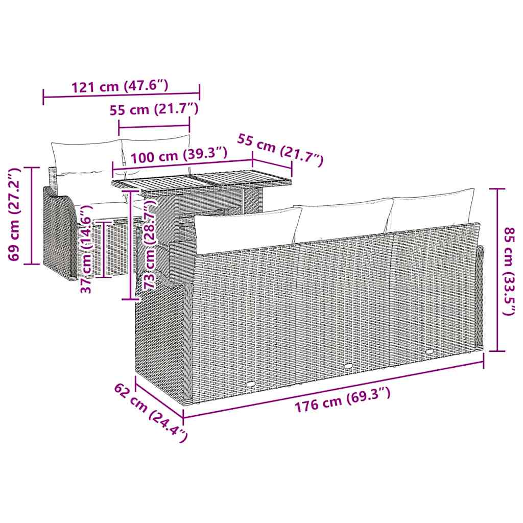 vidaXL Σετ Κήπου 6 Τεμαχίων με Μαξιλάρια σε Μαύρο, Πολυ Ράττανα και Ακακία.
