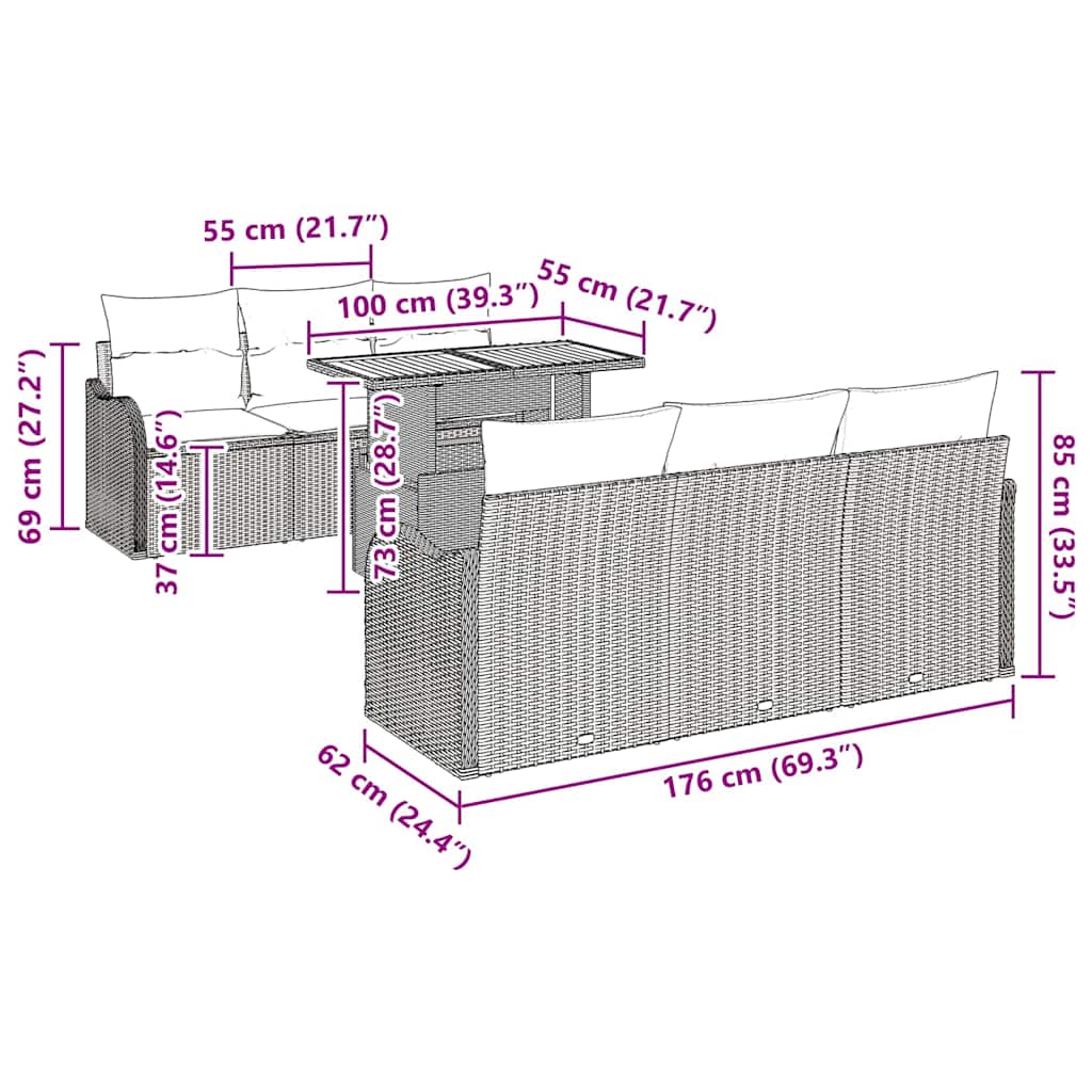 vidaXL 7 Τεμάχιο Σετ Καναπέδων Κήπου με Μαξιλάρια Μαύρο Πολυ Ρατάν Ακακία