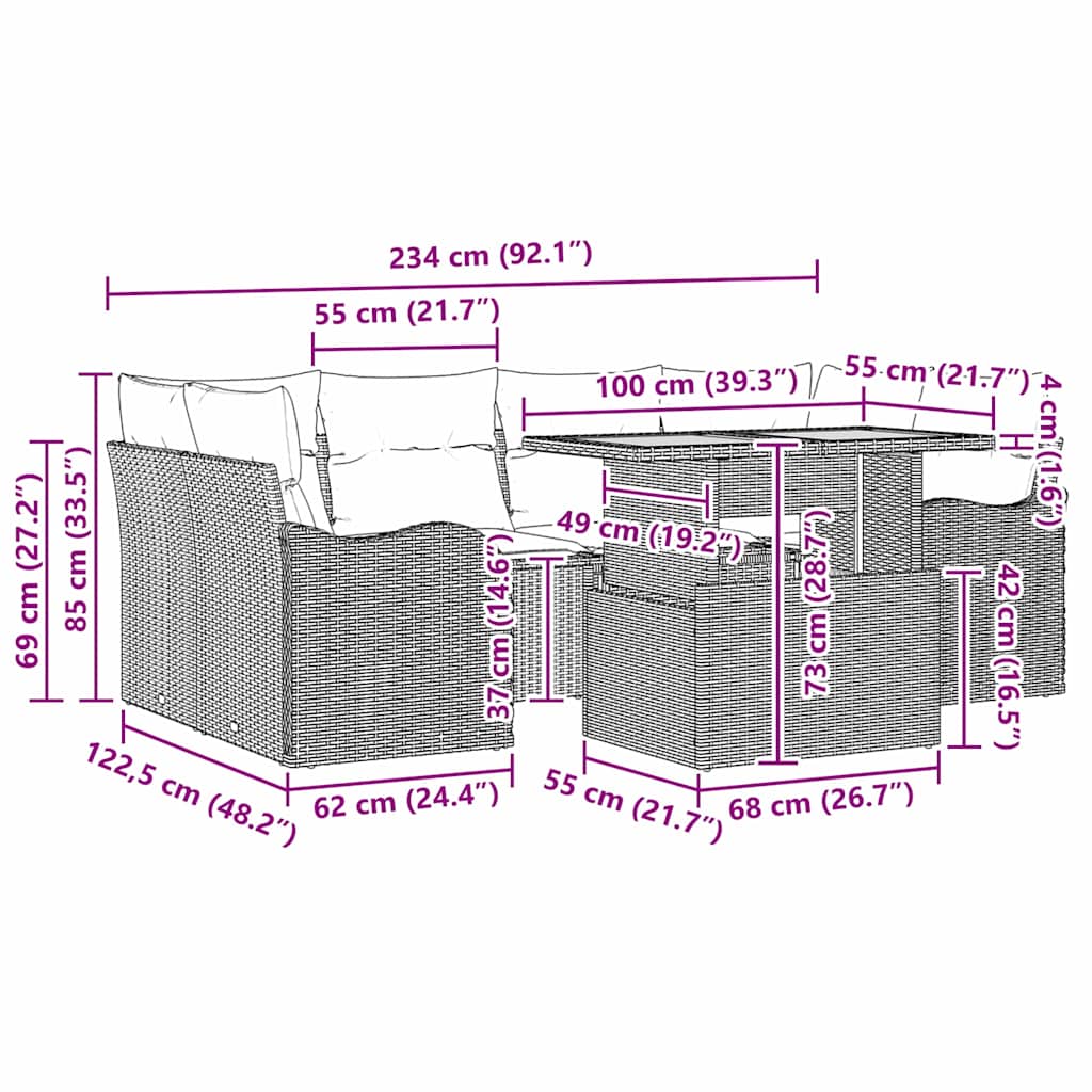 vidaXL 7 τεμαχίων Σετ Καναπέ Κήπου με Μαξιλάρια Μπεζ Πολυ Ρατάν Ακακία
