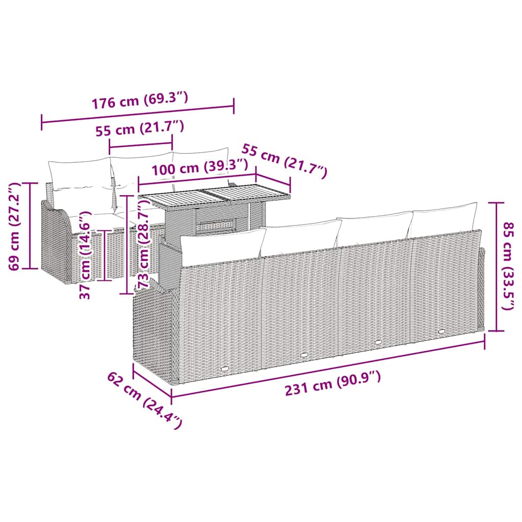 vidaXL Σετ Καναπέ Κήπου με μαξιλάρι 8 pcs Μαύρο 100 x 55 x 73 εκ