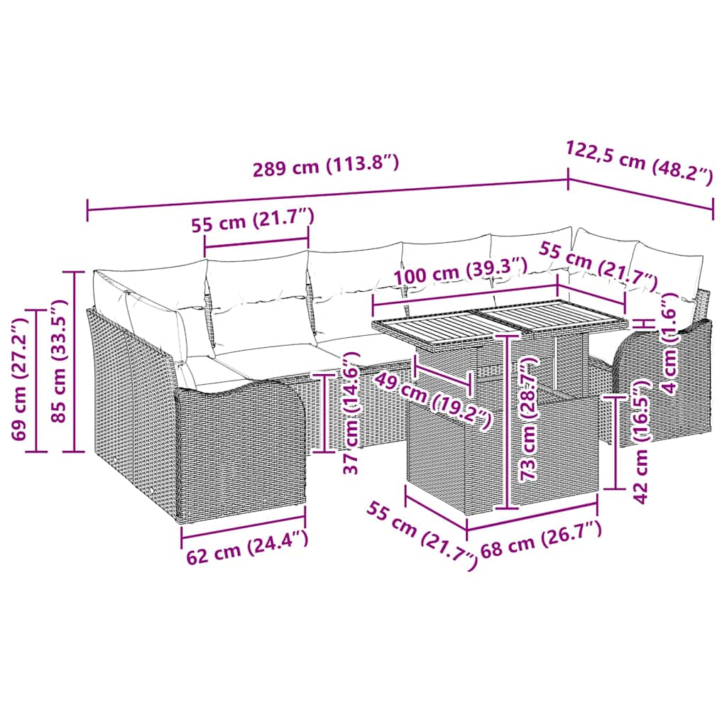 vidaXL 8 κομμάτι Σετ Καναπέ Κήπου με Μαξιλάρια Μαύρο Πολυ Ρατάν Ακακία