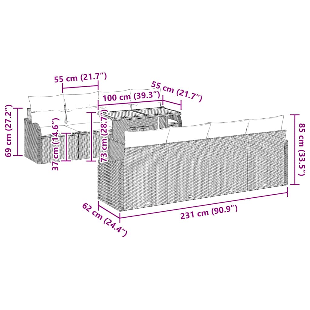 vidaXL 9 κομμάτι σαλονιού κήπου με μαξιλάρια Μαύρο Πολυ Ρατάν Ακακία
