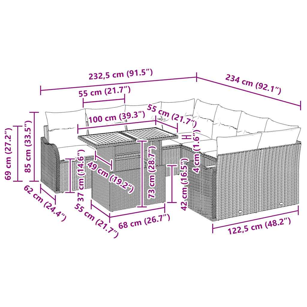 vidaXL 9 Τεμαχίων Σετ Καναπέ Κήπου Με Μαξιλάρια Μαύρο Πολυ Ρατάν Ακακία