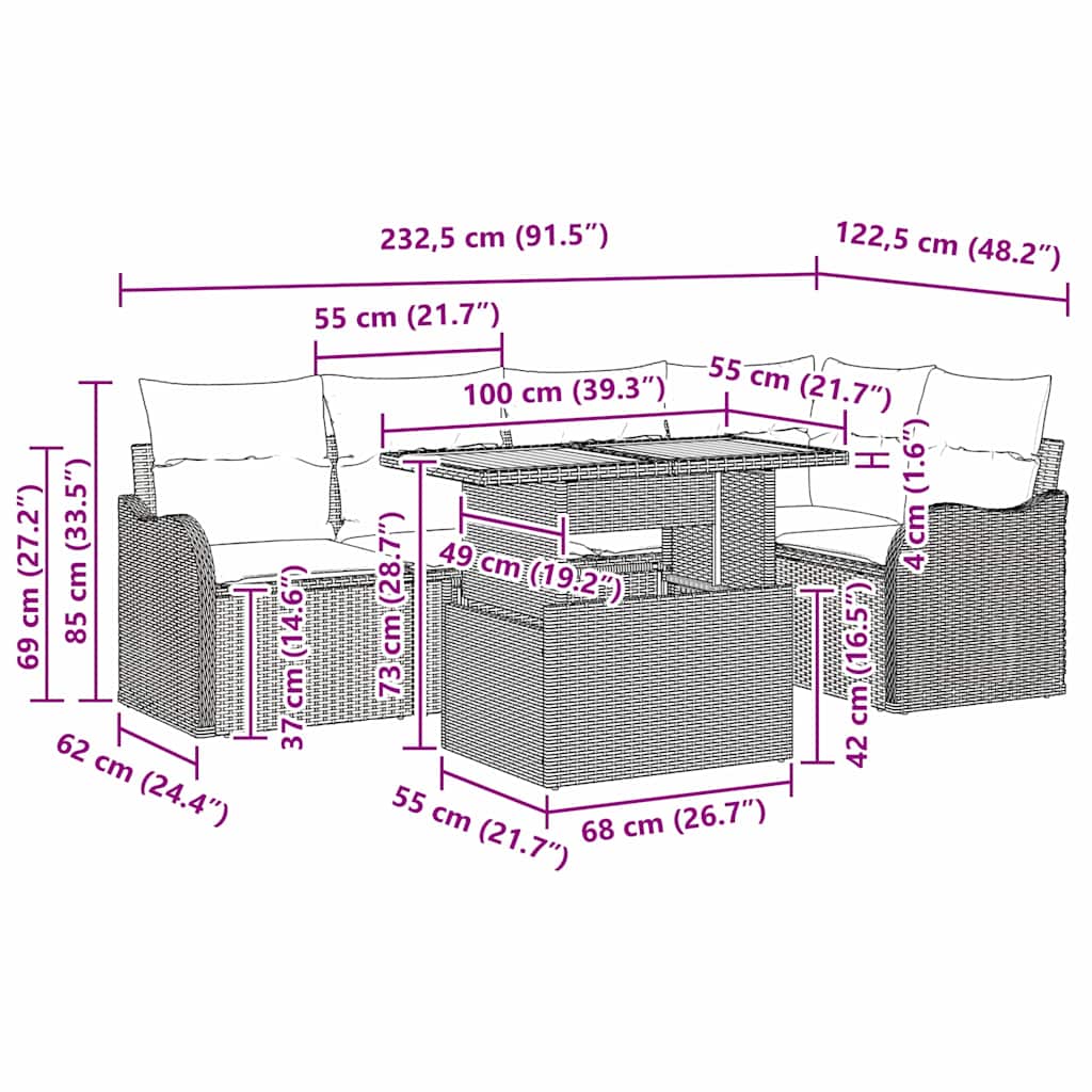 vidaXL 6 Τεμαχίων Καναπέ Κήπου με Μαξιλάρια Μπεζ Πολυ Ρατάν Ακακία