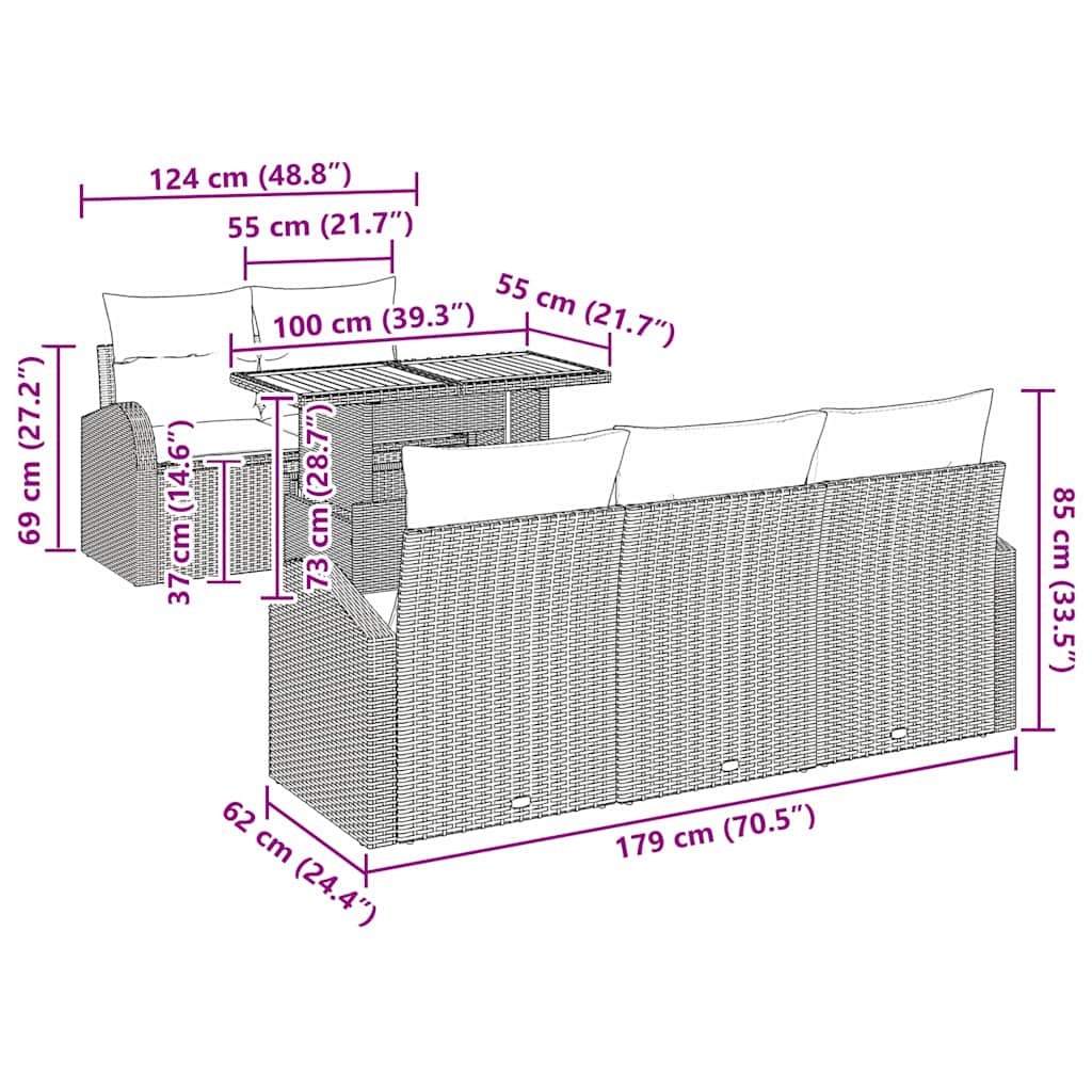 vidaXL 6 τεμαχίων σετ κήπου με μαξιλάρια Γκρι Πολυ-ρατάν Ακακία