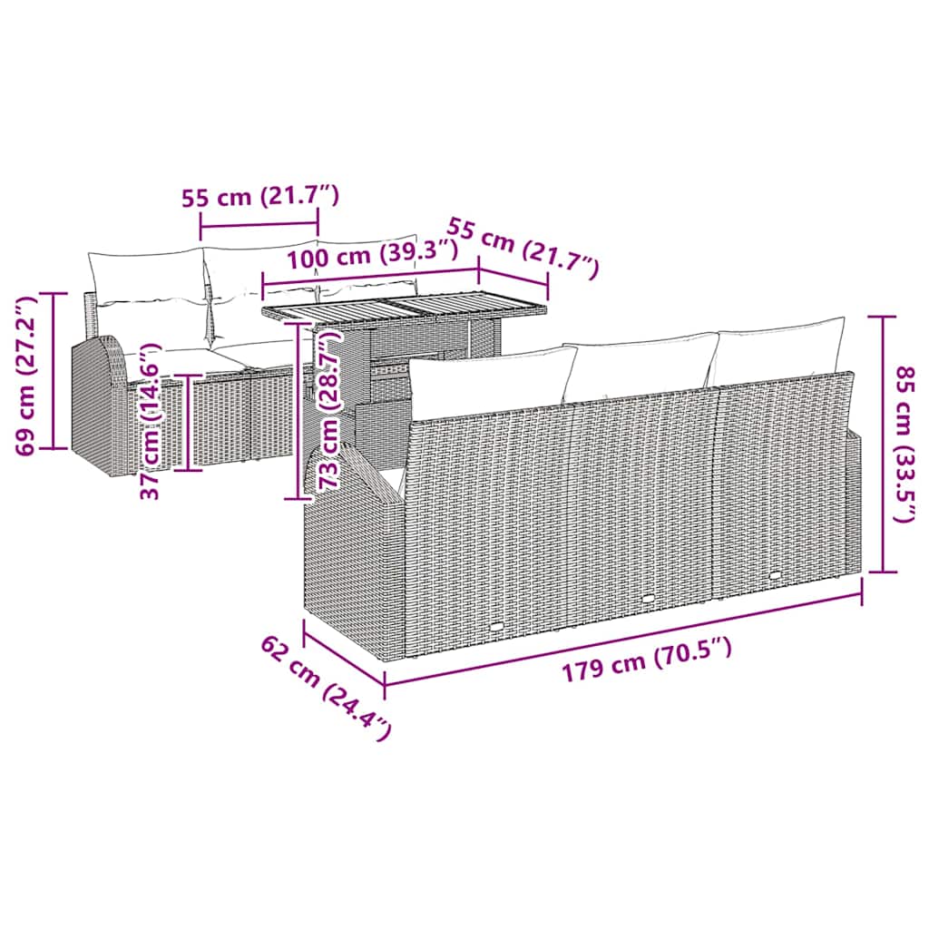vidaXL 7 κομμάτι σετ κήπου με τραπέζι και μαξιλάρια, μαύρο Πολυ Ράφτι Ακακία.